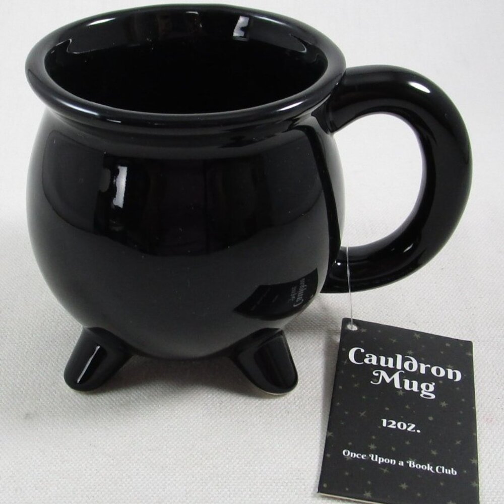 NIB Solid Black Ceramic Cauldron Mug Halloween, 12 oz., Once Upon A Book Club